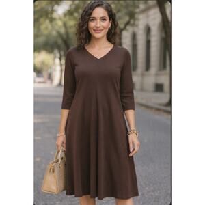 Chico’s Chocolate Brown Stretch Knit Midi Dress V-Neck 3/4 Sleeve Travel Women’s